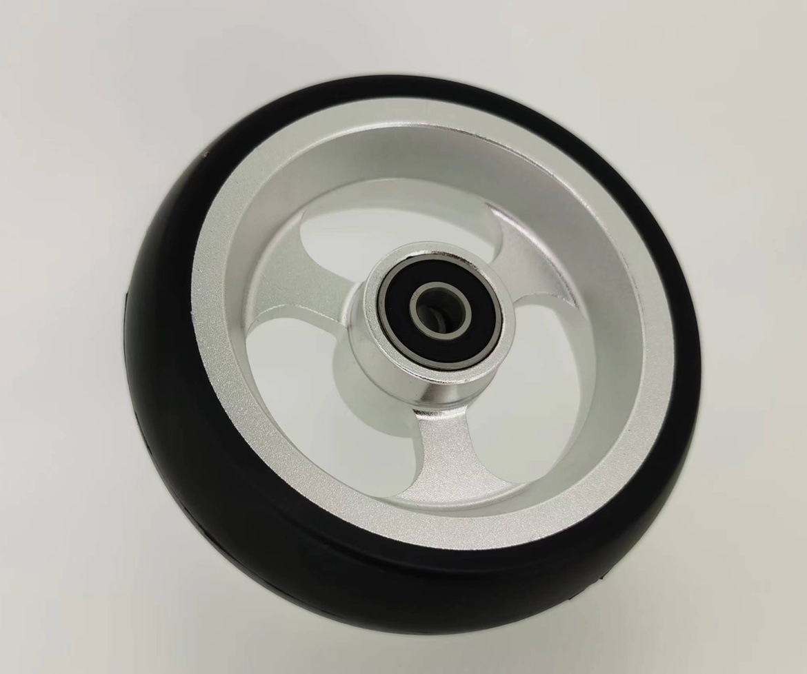 轮椅配件前轮带轴承4寸5寸万向轮PU实心轮铝合金材质