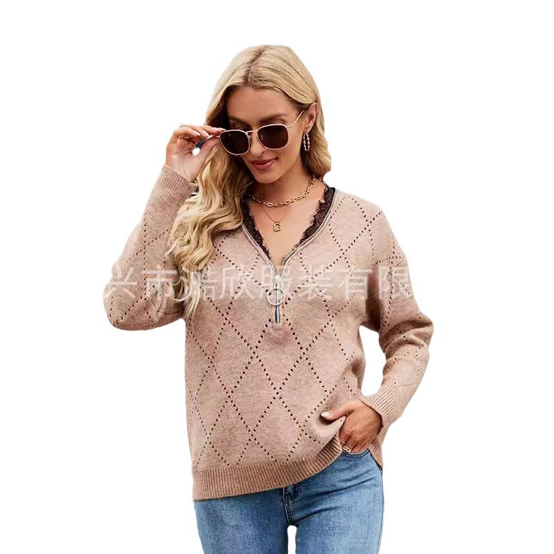 Efterår og vinter ny stil sweater temperament V-hals blonde pullover europæisk og amerikansk udenrigshandel hul lynlås langærmet sweater til kvinder