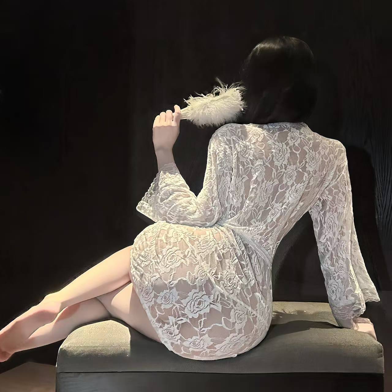 White Lace See-Through Babydoll Nightgown with Waist Belt and Thong, Sheer Polyester Sleepwear, One Size — detail image 3