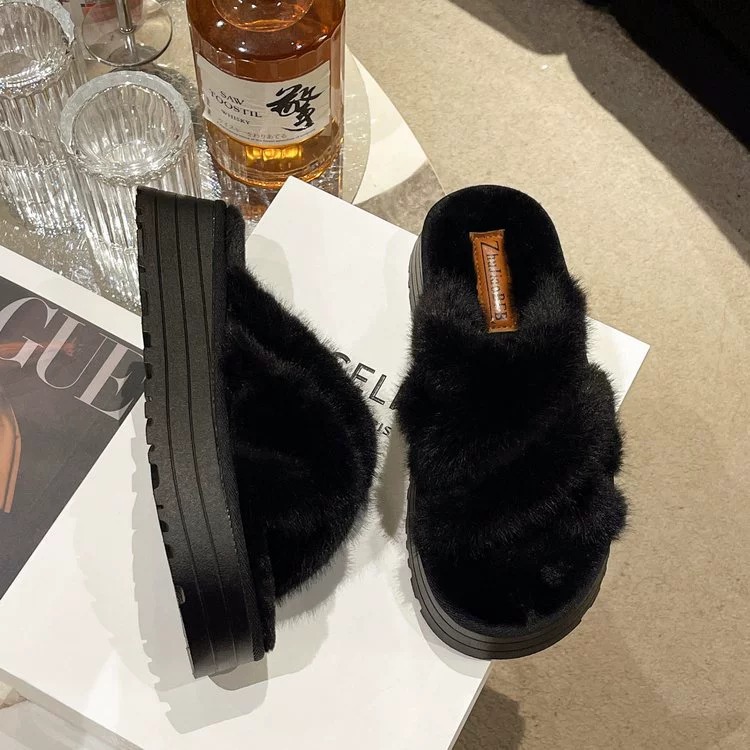 Furry slippers for women's outer wear in autumn 2023 open toe cotton slippers_voghion.com