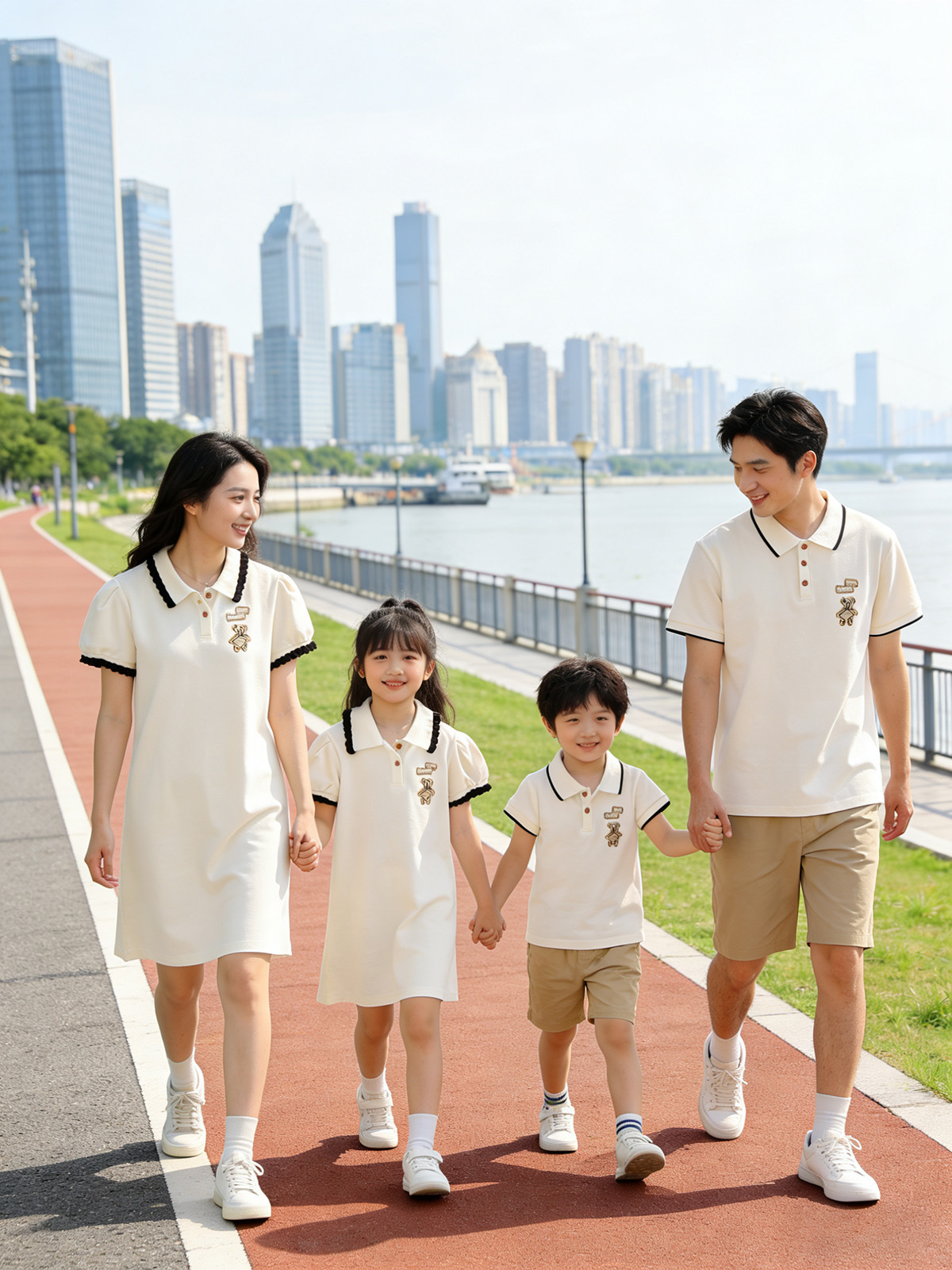 Oso bordado ropa padre-hijo verano una familia tres o cuatro madre-hijo madre-hija vestido bebé mameluco POLO solapa manga corta