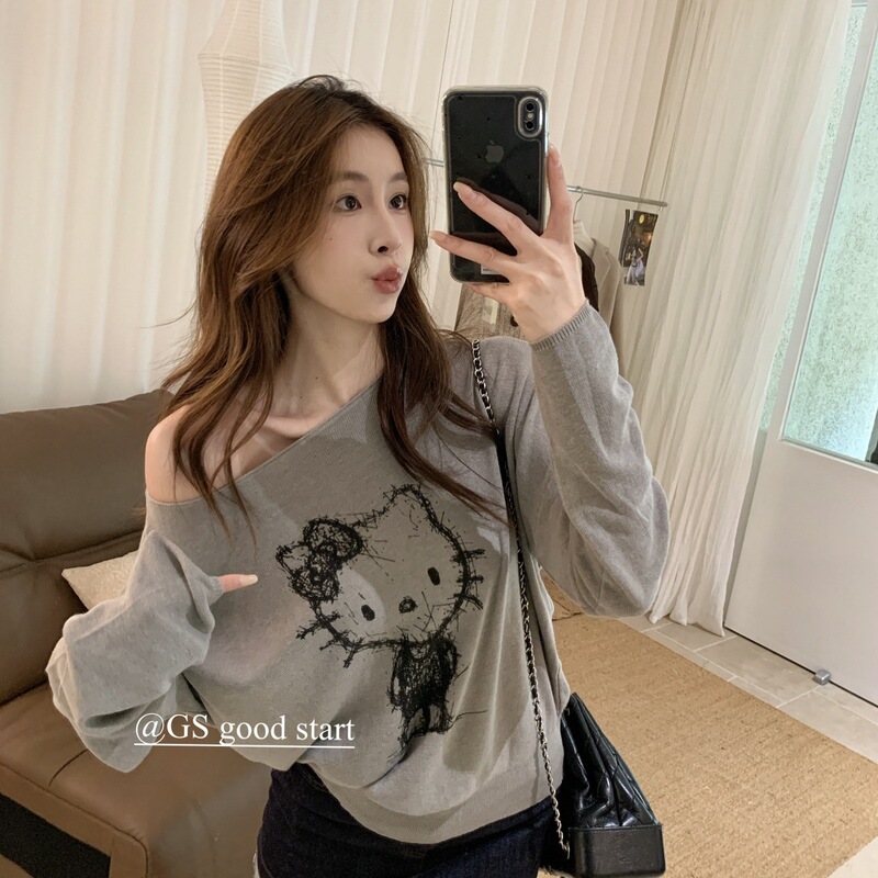 GS.GOOD START Autumn Korean-style Sweet Anime Cartoon Print Asymmetrical Shoulder Embroidered Knit Top for Women D7181 GS.GOOD START Autumn Korean-style Sweet Anime Cartoon Print Asymmetrical Shoulder Embroidered Knit Top for Women D7181
