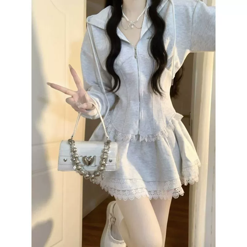 Корейский сладкий серый кружевной свитер с шляпой