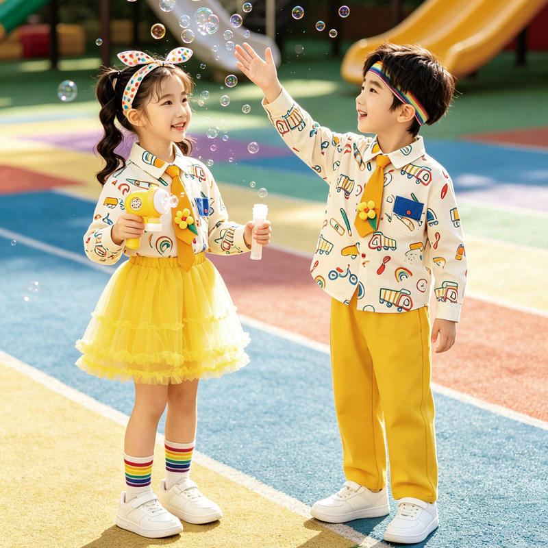 Children's performance costume: yellow tulle skirt, pants, long-sleeved creative shirt, kindergarten performance outfit, cheerleading uniform