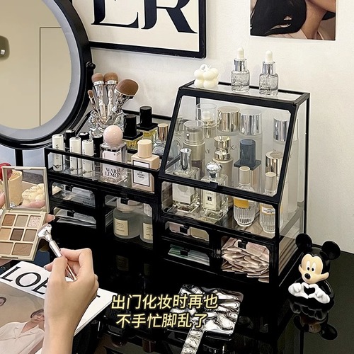 Glass cosmetics storage box desktop dustproof transparent high-end dressing table skin care products lipstick brush storage rack