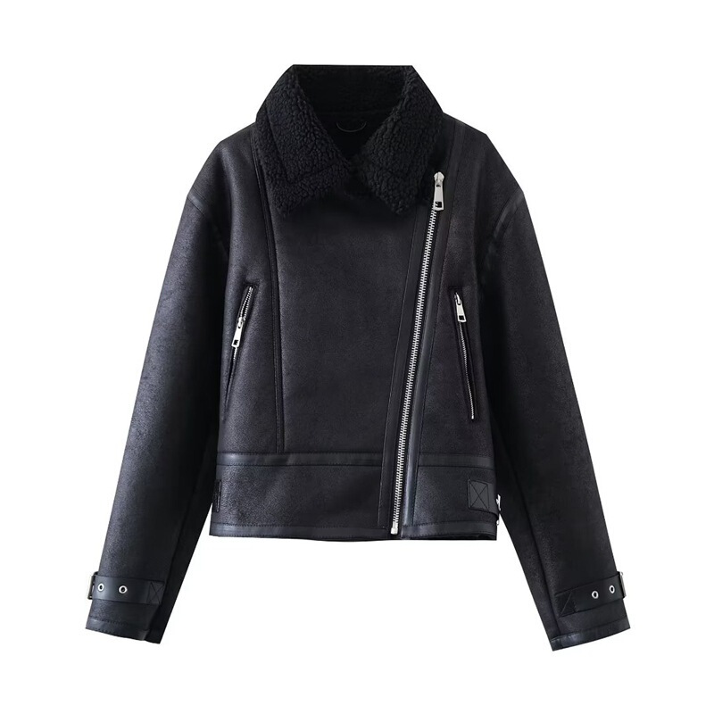 2025 Autumn and Winter New Pu Fur All-In-One Motorcycle Clothing Lamb Wool Loose Korean Style Jacket Women's Thickeneded Jacket Leather Jacket