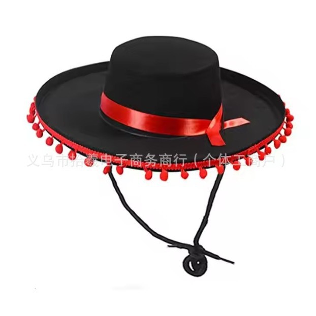 Halloween Cross-Border Red Ribbon Fur Ball Big Brim Hat Mexican Black Hat Lincoln High Hat Sexy Prom Party