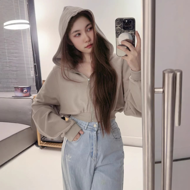 Aio Kendall Jenner Style Cropped Sporty Fashion Short Zip-Up Hooded Jacket Loose Casual Cardigan Sweatshirt