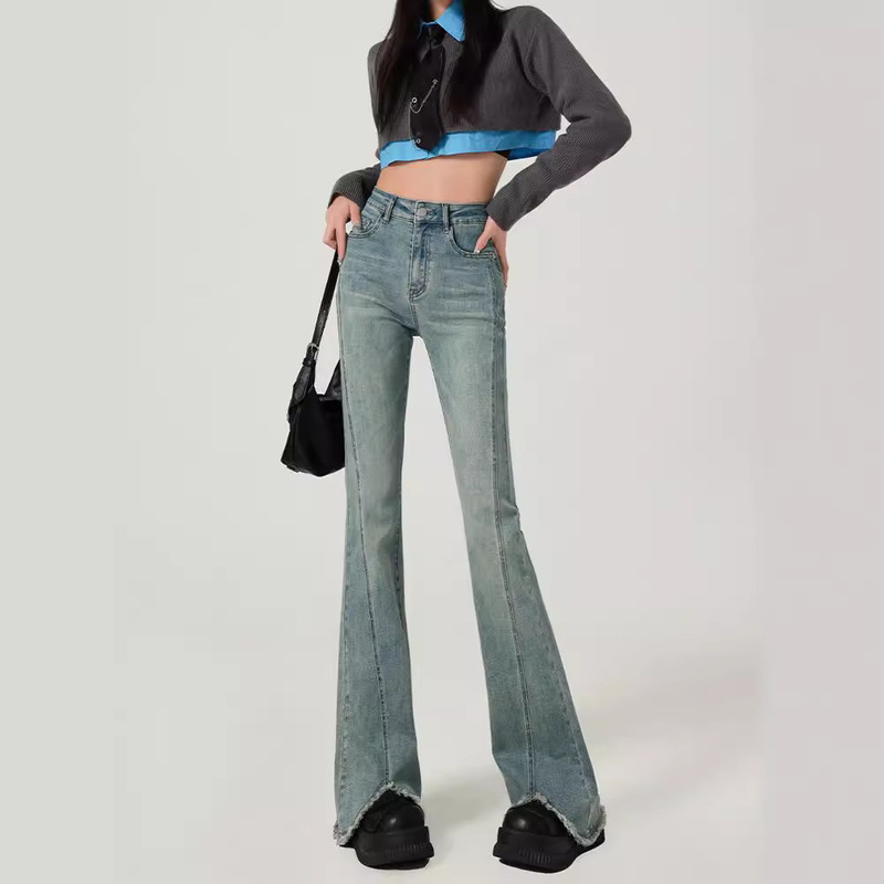 Women's High-Waist Micro-Raked Jeans for Spring 2024 New Korean Style Rough Horn Pants Slim-Fit Slimming Trumpet Pants