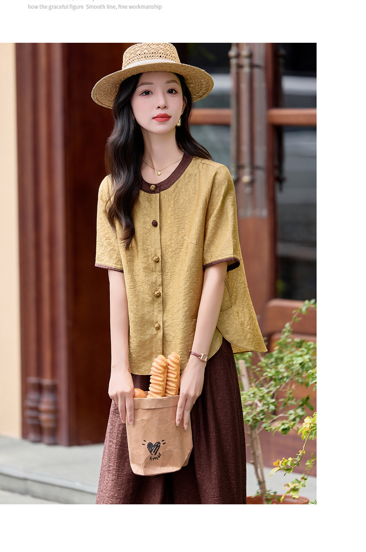 Bộ quần áo nữ hai mảnh gồm áo thun cổ tròn và quần ống đứng dài 9 phần — Cam + Xanh đậm, Vàng + Nâu chi tiết 15