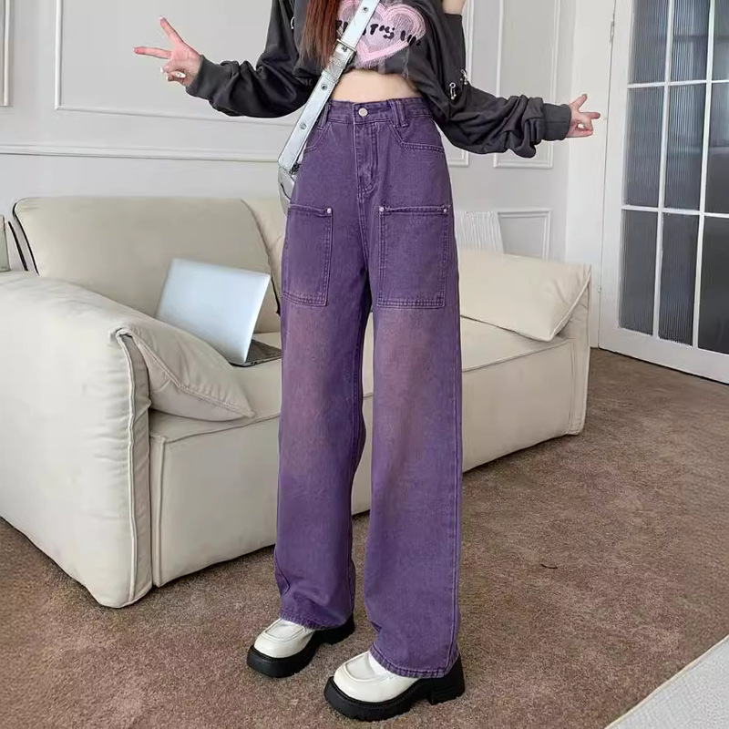 American Style High Street Purple Straight Jeans Men and Women Street Fashion Brand Hip Hop Retro Loose Wide Leg Trendy Floor Trendy Trousers