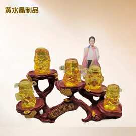 厂家批发水晶琉璃五福办公室装饰开业风水礼品国风水晶工艺品套装