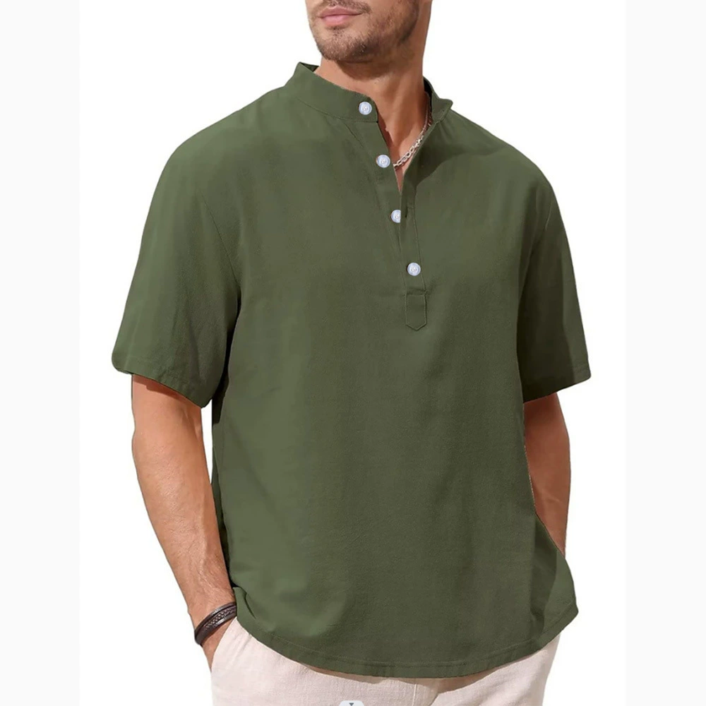Трансграничная летняя новая Европейская и американская мужская Однотонная рубашка больших размеров с коротким рукавом и воротником Генри в форме простого пуловера