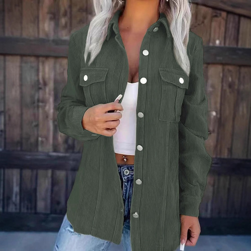 European and American Autumn/Winter New Arrival Solid-Color Corduroy Lapel Cardigan Loose Casual Elegant Coat for Women