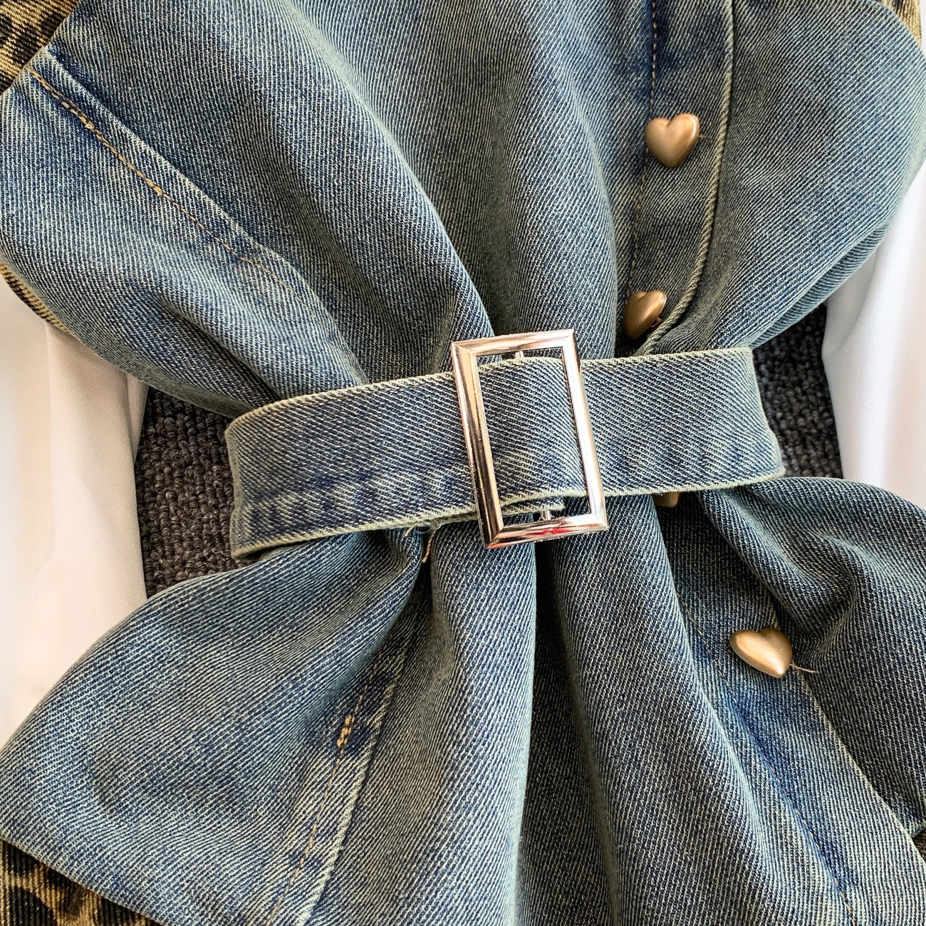 Women's Denim Leopard Print Slimming Shirt Dress Lace Up Design Suspender Top Elegant Fashion Unique Edgy Chic Sophisticated Clothing_ecoleips.com
