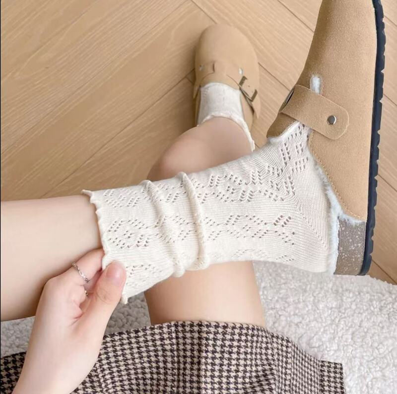 Summer socks women's pile socks summer thin hollow mesh breathable lace socks solid color cotton socks ins trendy all-match