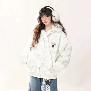 2026秋冬季绑带条纹毛领棉服女加厚保暖棉衣连帽外套宽松短款上衣
