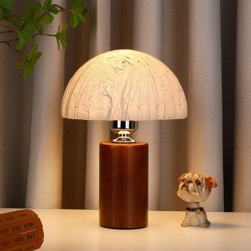 Vintage Pastoral Rice Paper Table Lamp All-match Solid Wood Bedroom Bedside Lamp French Atmosphere Wood Grain Ceramic Night Light