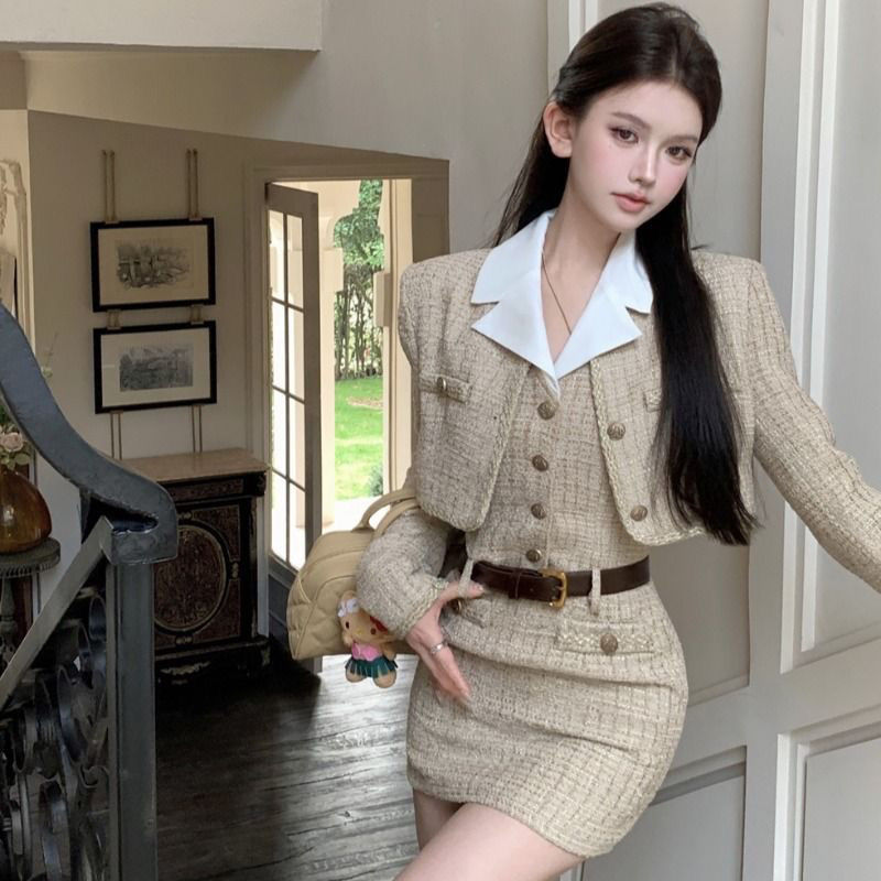 French-Style Elegant Button-Up Patchwork Short Jacket and High-End Autumn/Winter Women's Bodycon Short Skirt Two-Piece Set