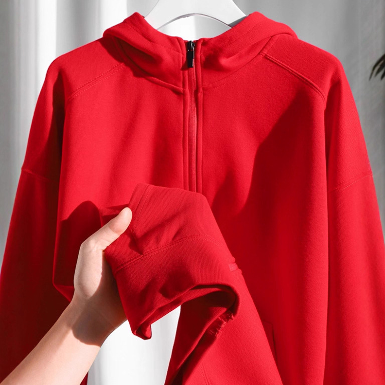 Chinese Red! New Year Red! True Red 380g Heavy Weight Stand Collar Zipper Sweatshirt Women's Windproof Hooded Jacket Men's Autumn