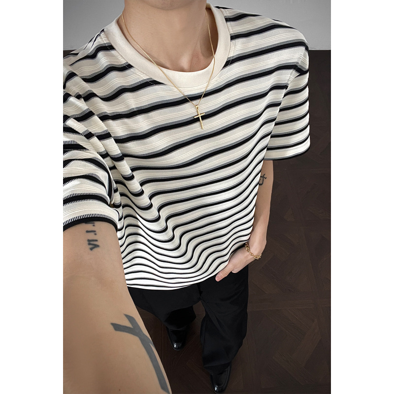 American Retro Striped Color-Blocking Trendy Short-Sleeve High Street Vibe Loose Casual Basic Versatile Crew Neck T-Shirt Top American Retro Striped Color-Blocking Trendy Short-Sleeve High Street Vibe Loose Casual Basic Versatile Crew Neck T-Shirt Top
