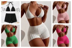 2023外貿新款比基尼分體純色泳衣高腰平角褲顯瘦bikini性感ebay