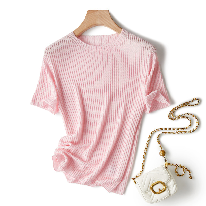 Comfortable and Comfortable Lyocell Mulberry Silk Seamless One-Piece Waffle Texture Short-Sleeved Summer Round Neck Knitted Top Comfortable and Comfortable Lyocell Mulberry Silk Seamless One-Piece Waffle Texture Short-Sleeved Summer Round Neck Knitted Top