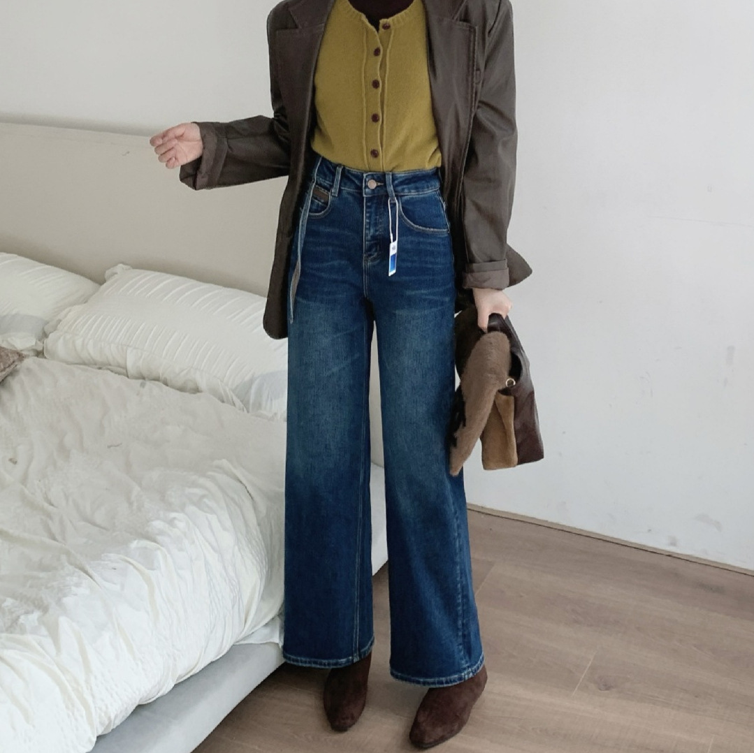 冬上新 欧货高级感复古深蓝九分牛仔裤四面弹小个子加绒直筒裤女