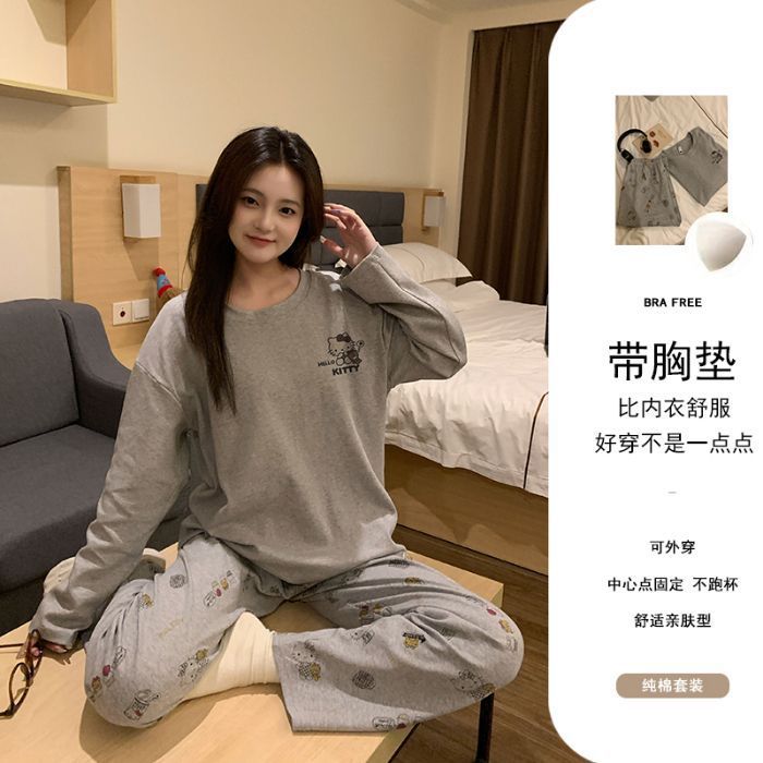 秋季新款睡衣女纯棉带胸垫长袖长裤套装卡通可爱可外穿两件套装|undefined