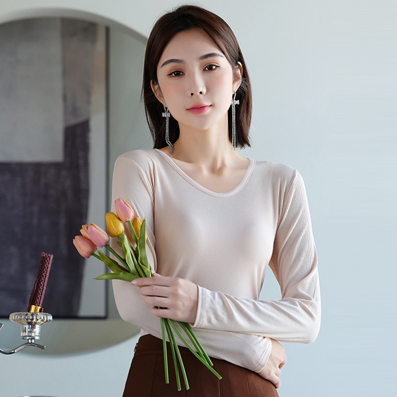 Camiseta de manga larga para mujer, cuello en V, acanalada, de color sólido, para otoño e invierno, modelo T2024