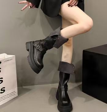 西部牛仔废土风长高筒靴子女2025年秋冬新款厚底堆堆靴两穿骑士靴|undefined