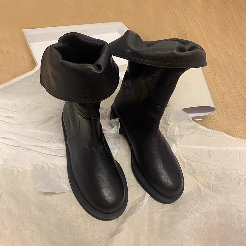 2024 new two in one mid length motorcycle handsome leather flat bottom Martin women's short boots_voghion.com