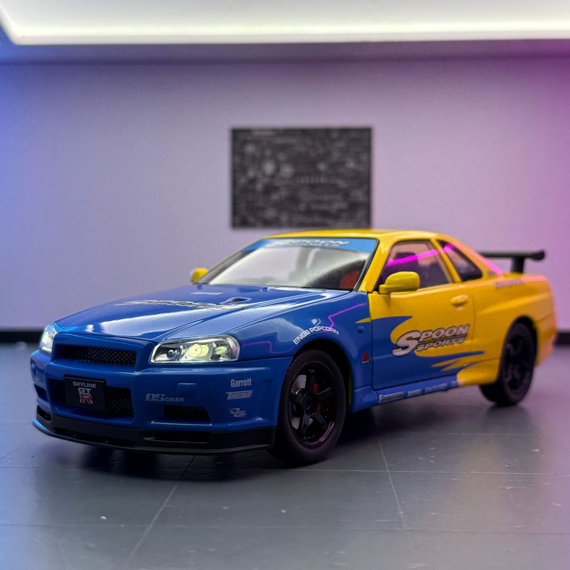 Modelo de coche de Willie 1 a 24 Ares GT Skyline R34 coche deportivo de vuelta a la fuerza juguetes para niños decoración de modelo de sonido