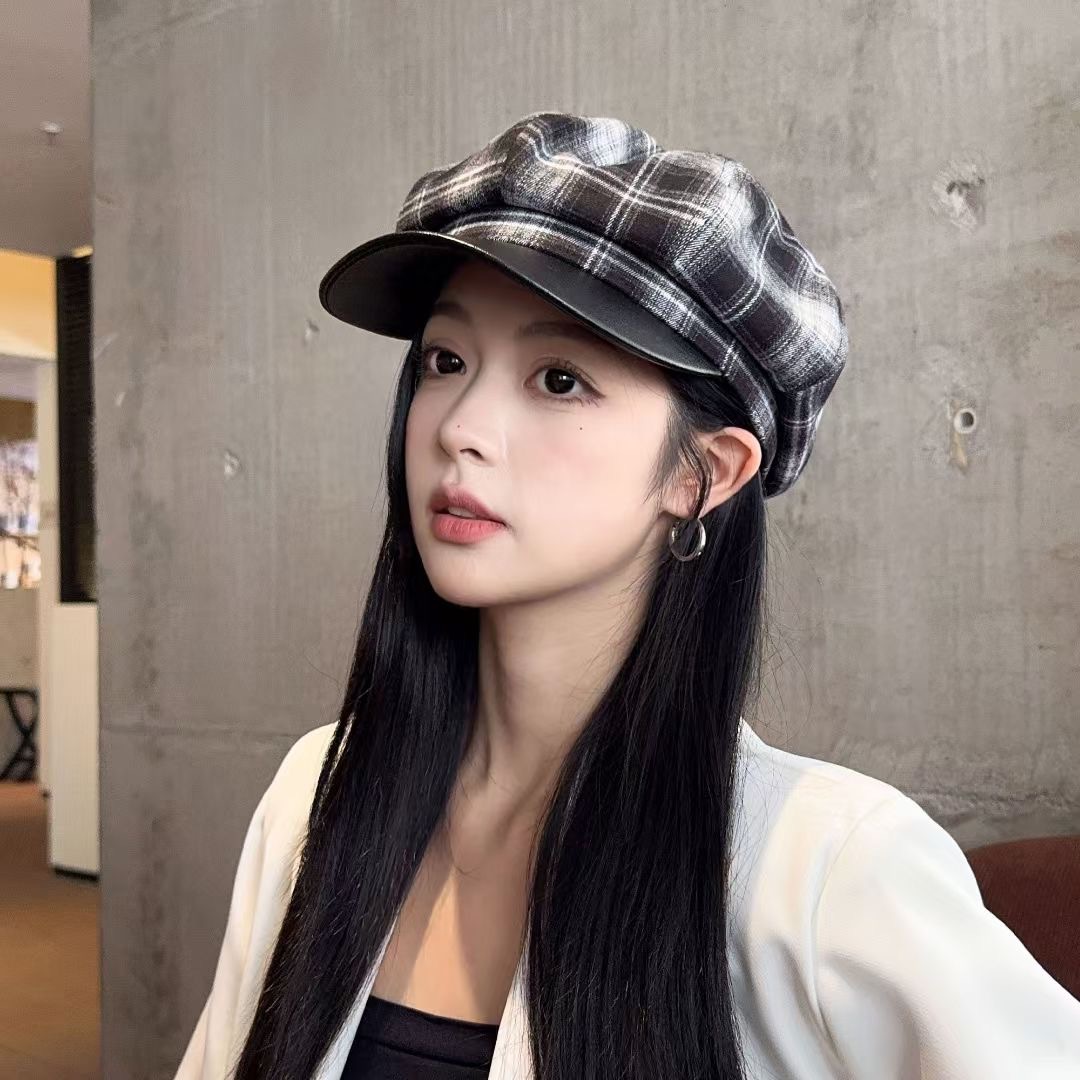 (2개) 한국식 가죽 브림 바느질 격자 무늬 팔각형 모자 여성 여행 베레 가을과 겨울 격자 무늬 레트로 캐주얼 뉴스보이 모자