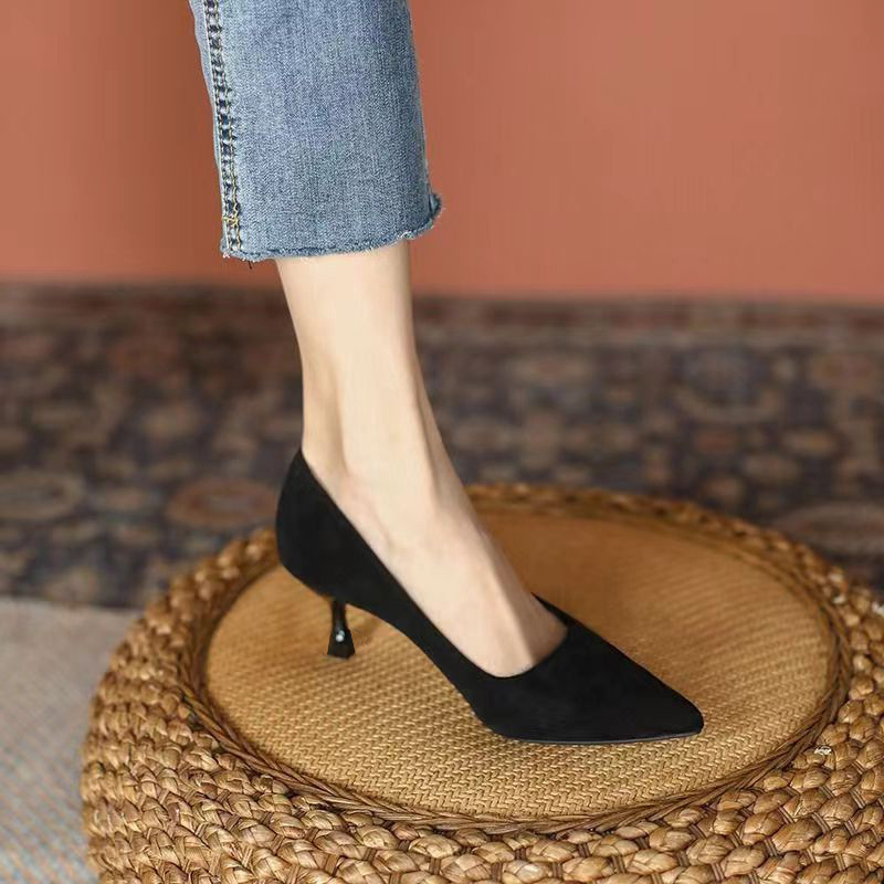Black Suede High Heels Women's Etiquette Professional Single-layer Shoes Stiletto Heel Elegant Shallow Mouth All-match Work Shoes 2025 New Shoes
