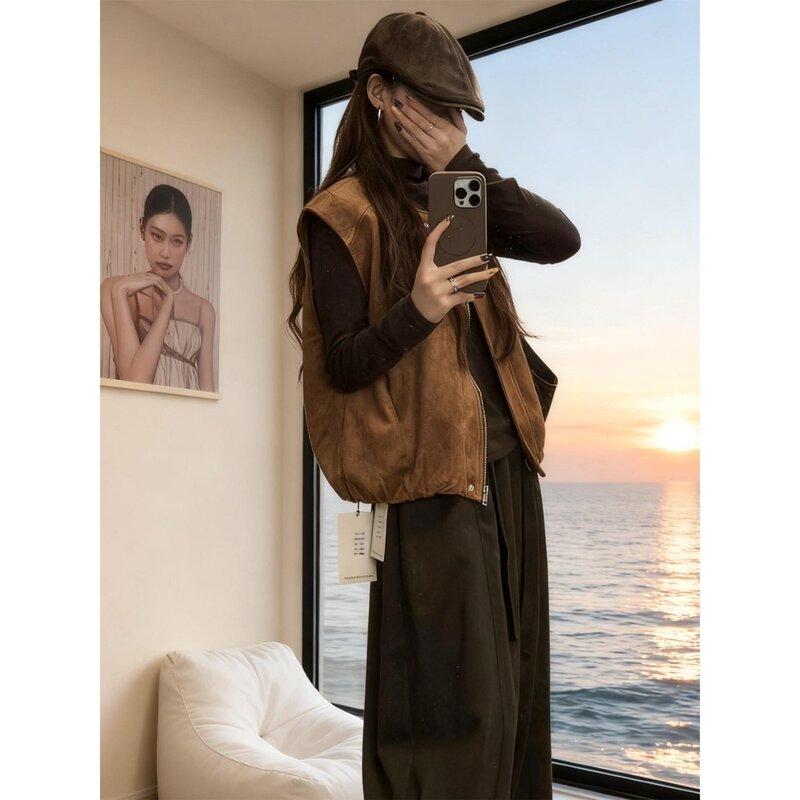 Plus-Size Women's Coffee Brown Suede Workwear Vest, New Spring and Autumn Unique and Beautiful Korean-Style Jacket Cardigan
