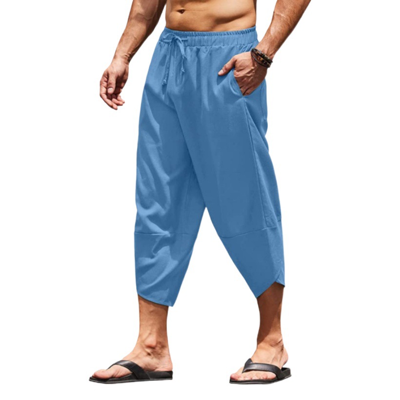 2024 Amazon estación independiente nuevos hombres de algodón y lino color sólido cordón suelto pantalones cortos Casuales