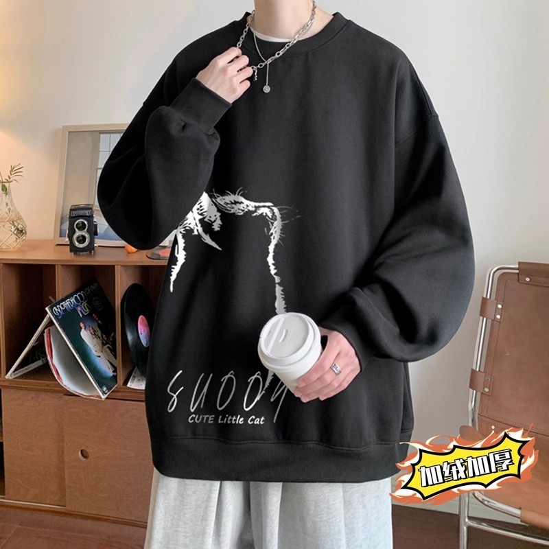 2025新款不带帽卫衣男春秋冬季套头圆领长袖T恤衫加绒加厚上衣服|undefined