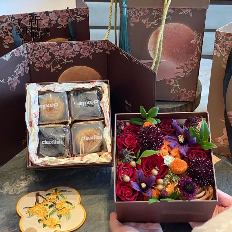 中秋新品月饼花盒复古高档手提鲜花礼品盒子新中式鲜花艺包装材料|undefined