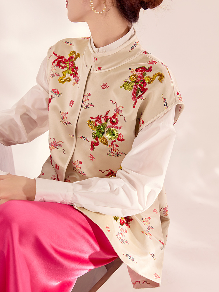 Bộ áo gilê không tay cổ đứng thêu sequin phong cách Trung Hoa mới kèm sơ mi trắng và chân váy nửa MZ055 — Áo sơ mi trắng, Váy nửa, Áo gilê
