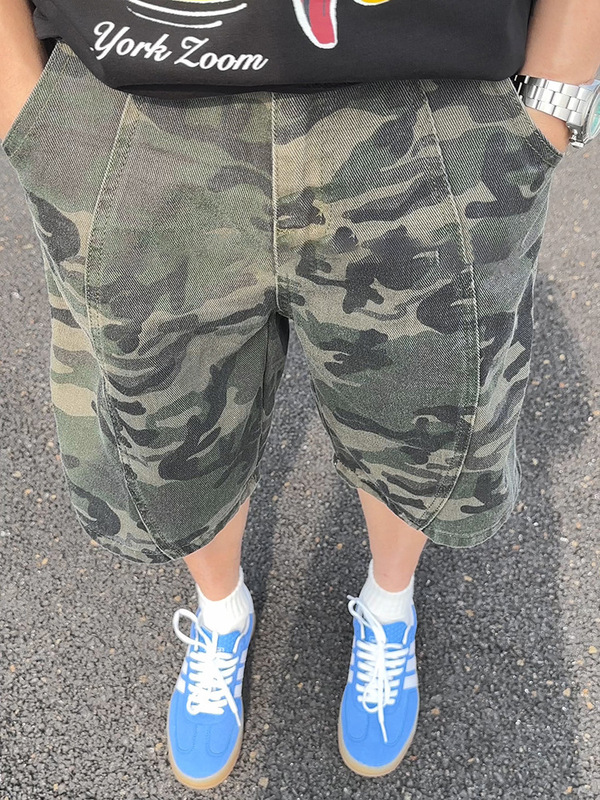 Desert Camouflage Shorts Men's Summer American Retro Deconstructed Logging Pants Tactical Straight Denim Knee-Length Shorts