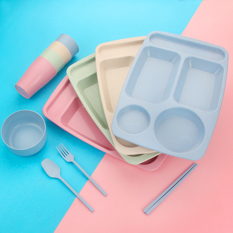 Wheat children's dinner plate Bowl set home kindergarten grid table baby shatter-proof tableware student lunch plate