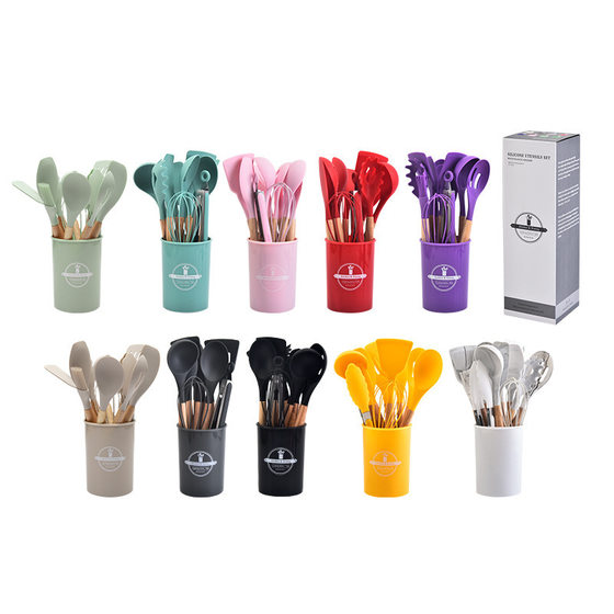 Wooden Handle Silicone Kitchenware 12 Piece Set Non-stick Cooking Shovel Spoon High Temperature Resistant Silicone Kitchenware 12 Pieces suit