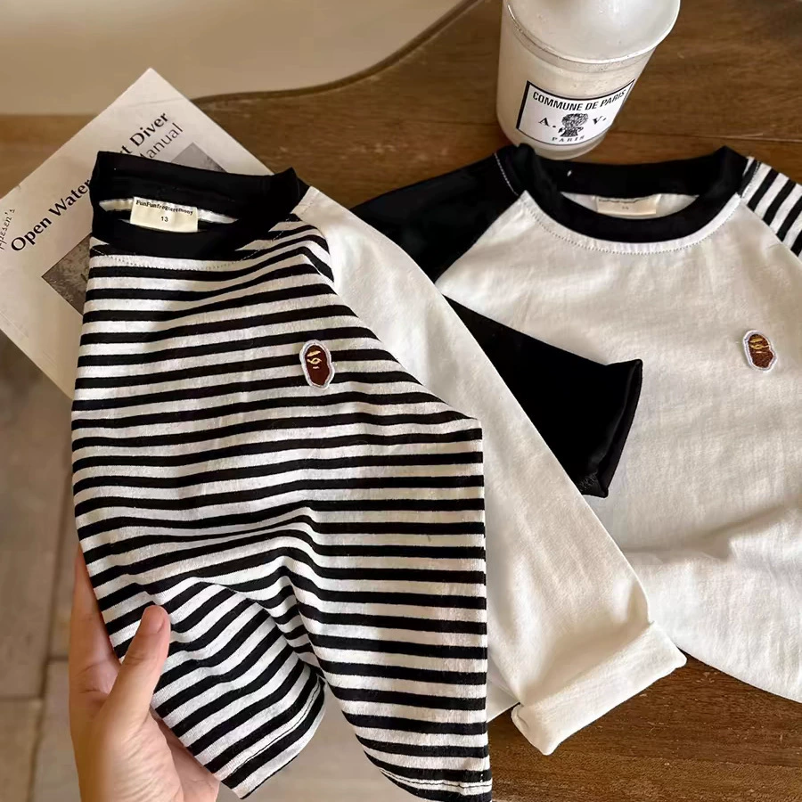 柠里 Children's autumn T-shirt, cartoon base body-friendly Japanese long-sleeve for boys, western style