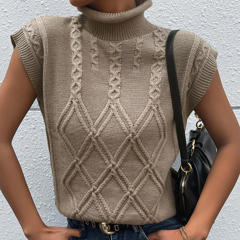 Gilet à manches courtes en tricot à col roulé de couleur unie_voghion.com