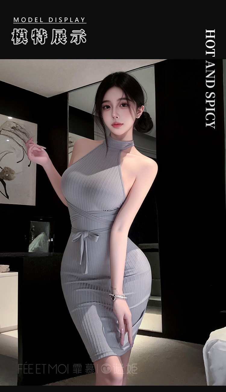 Feimu & Miji No-Wash Halter Off-Shoulder Slit Dress 6502 with Thong, Grey Knit, One Size — detail image 15