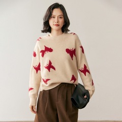 蝴蝶山羊绒衫2025秋冬新款女士圆领打底衫温柔风宽松显瘦短款毛衣