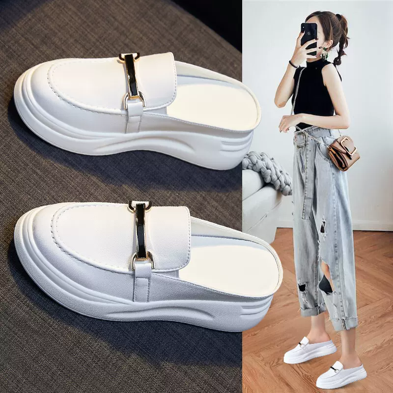 2023夏季新款女式凉鞋真皮隐形增高半拖鞋女潮人休闲包头拖鞋女