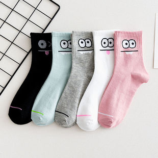 Socks Women Ins Fashion All-match College Simple Solid Color Cartoon Mid-length Socks Breathable Long Socks for Spring and Summer