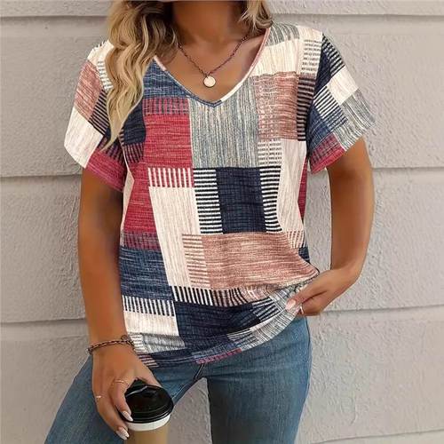 Women's V-neck Short-sleeve T-shirt with European and American 2025 Fashion Casual Matching Square Pattern Print